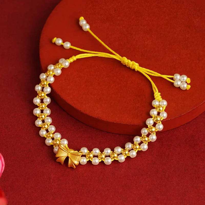 

Luxury Pearl Copper Beads Chain Bracelets For Women Vintage Small Bow Pendant Bangles Princess Bow Rope Chain Girls Jewelry