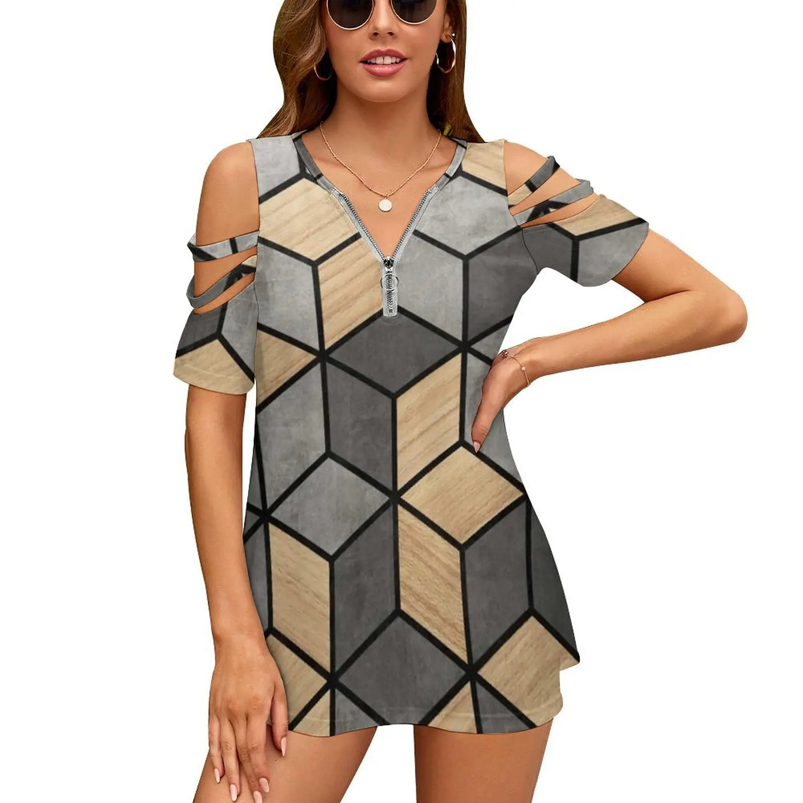 

Concrete And Wood Cubes Women'S T-Shirt Summer Fashion Print Floral V-Neck Zipper Tshirt Hollow Pullover Ladies Top Concrete