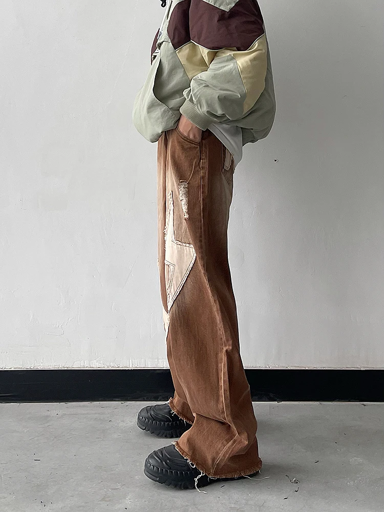 Men Clothing Hip-Hop Caffee Lightning Tooling Straight JeansKorea Fashion Clothing High Street Style Y2k Streetwear Luxury Jeans