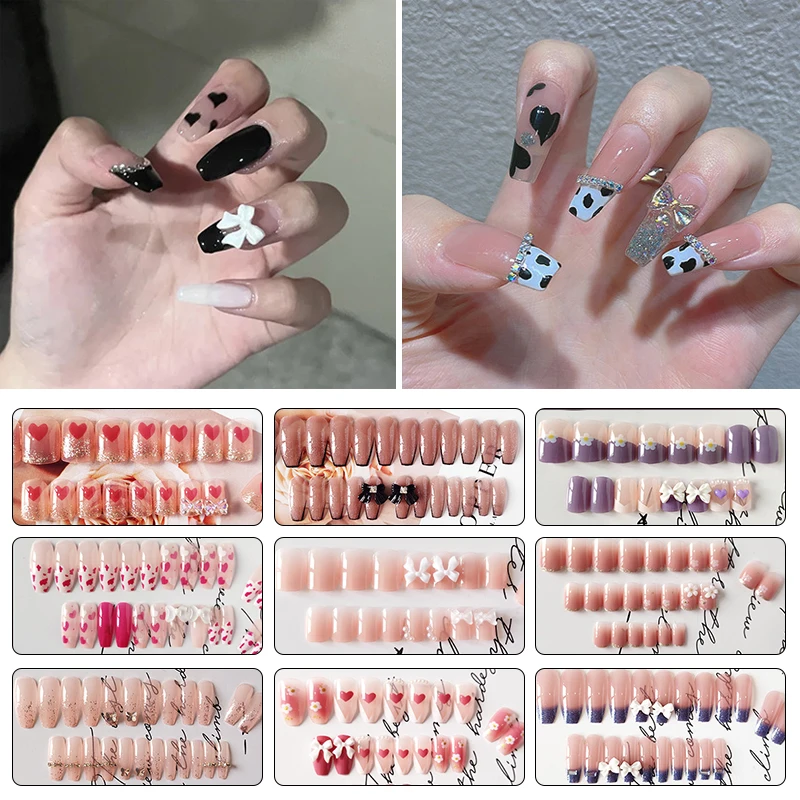 

24PCS Press On Nail False Beauty Nail Tips 3D Rhinestone Artificial French Nail Extension Detachable Full Cover Nail Accessories