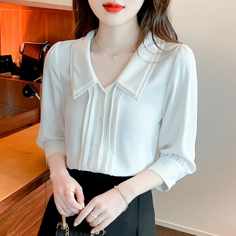 

Sweet Office Lady Peter Pan Collar Loose Blouse Women White Shirt Summer Three Quarter Sleeve Chiffon Clothes Buttons Tops 25651