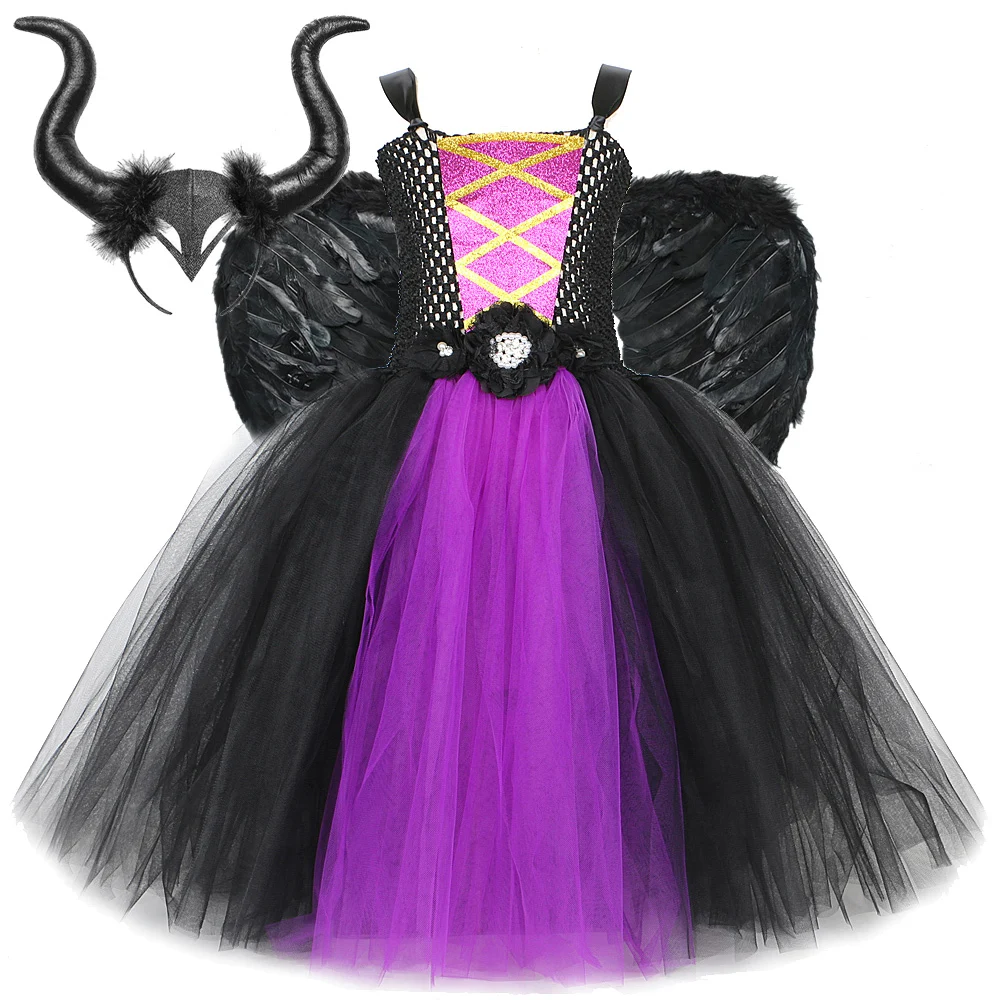Костюмы ведьмы на Хэллоуин для девочек длинное платье-пачка Малефисента с