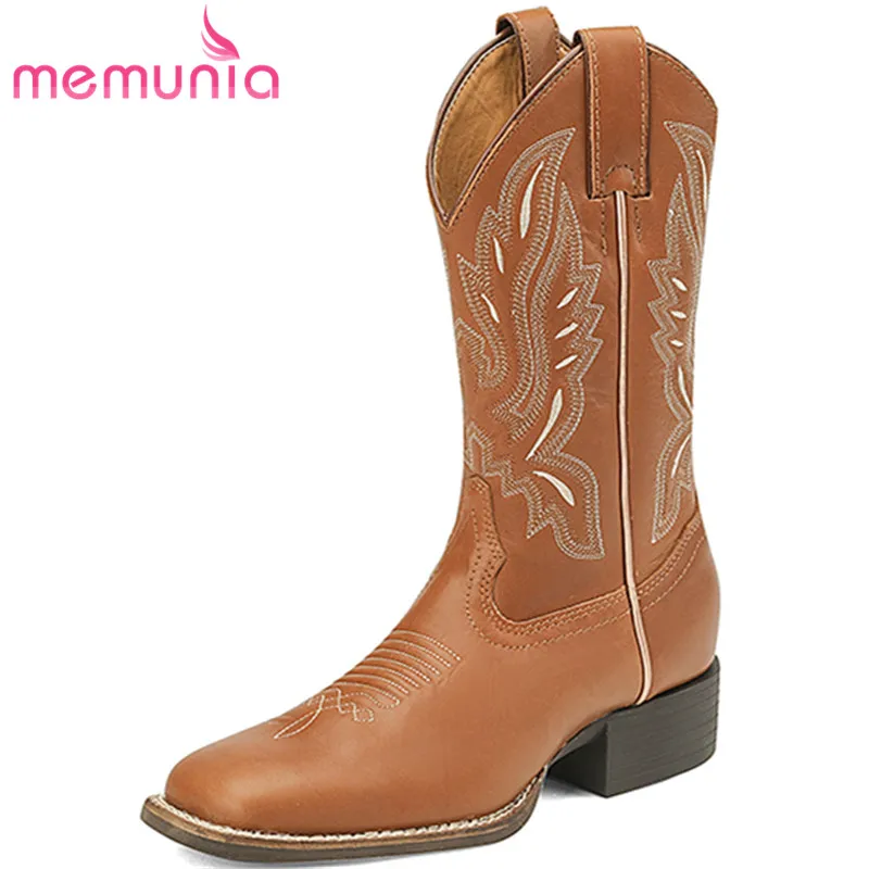 

MEMUNIA 2022 New Mixed Colors Thick Med Heels Shoes Genuine Leather Mid Calf Boots Woman Slip On Western Ladies Boots