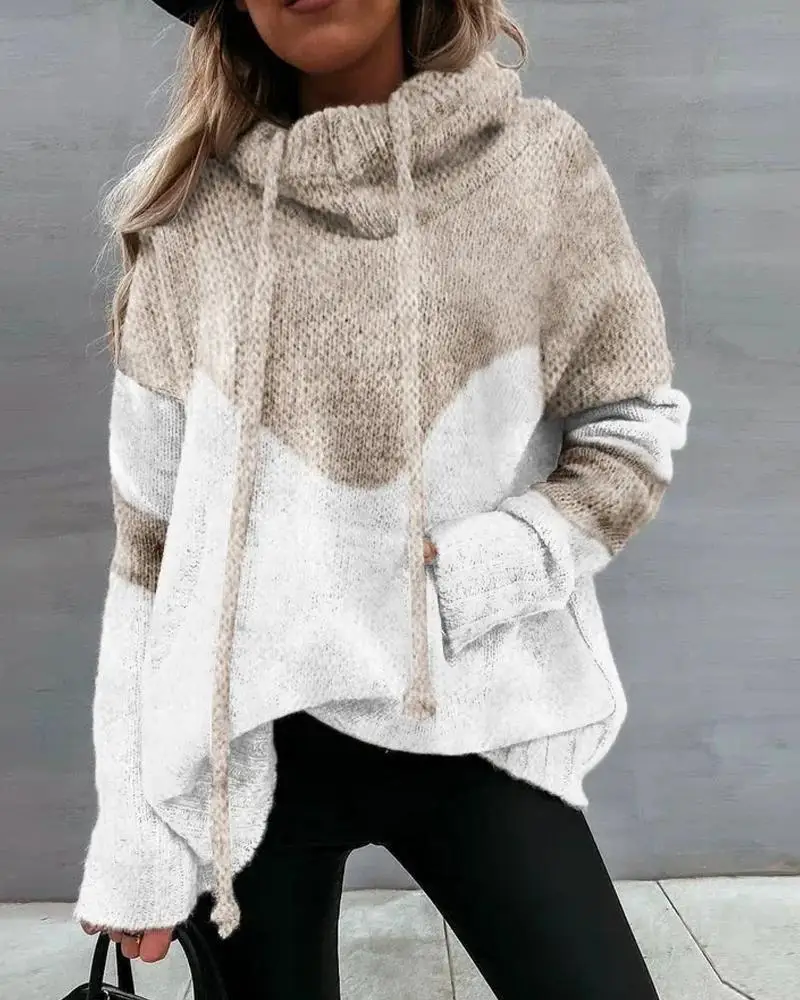 

Women's Clothing Spot Contrast Color Woolen Top Colorblock Long Sleeve Chunky Knit Sweater Autumn Pocket Hooded