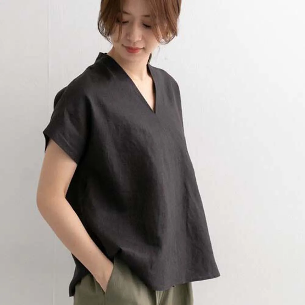 

T-shirt V-neck Linen Short Women's Top Simple Solid Color Literary Fresh Summer Japan Korea Style Loose 2022 New Tee