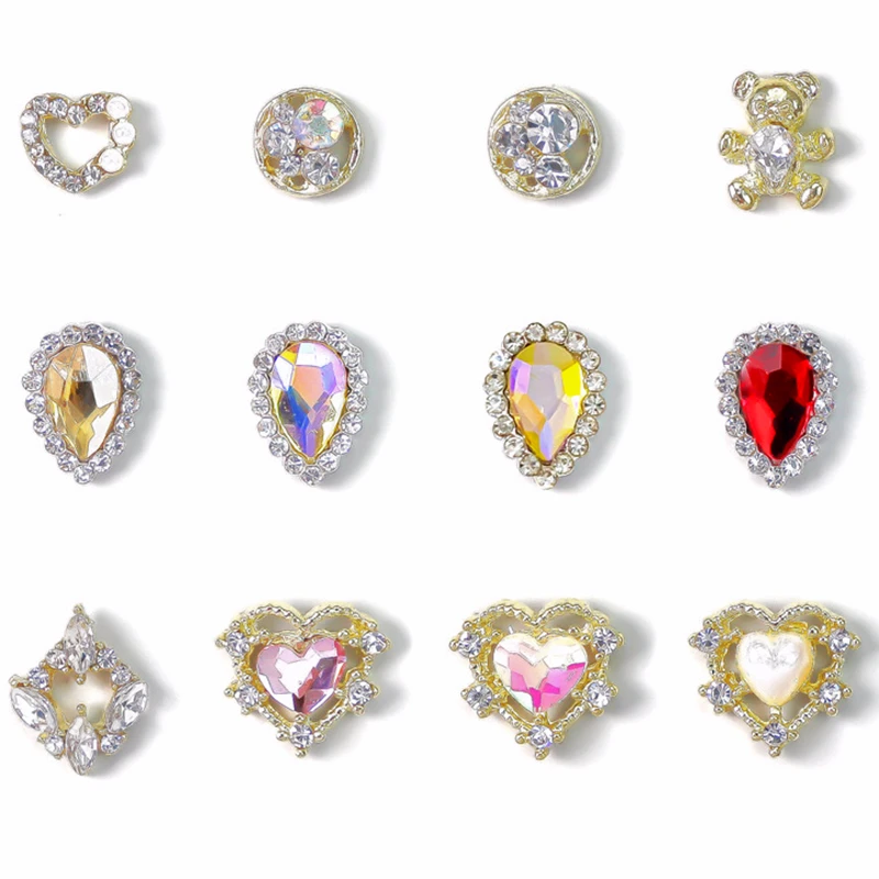

10PCS 3D Metal Zircon Nail Charms Heart Jewelry Accessories Japanese Nail Art Decorations Rhinestones Crystal Manicure Supplies