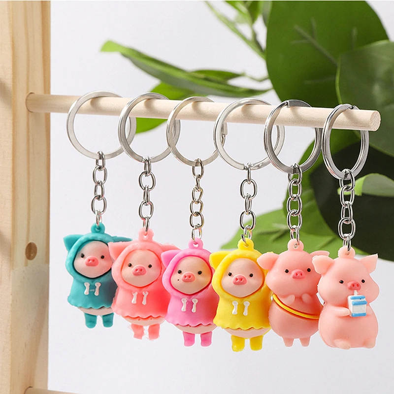 PVC Cartoon Raincoat Pig Doll Metal Keychain Pink Yellow Blue Trinket Girl Boy Pendant Bag Car Key Ring Jewelry Lanyard Gift 1PC