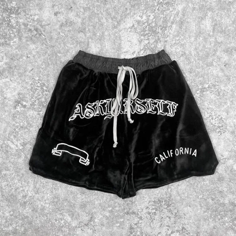

Askyurself Embroidery Letters Drawstring Elastic Men's And Women's Sports Shorts Black S-XL