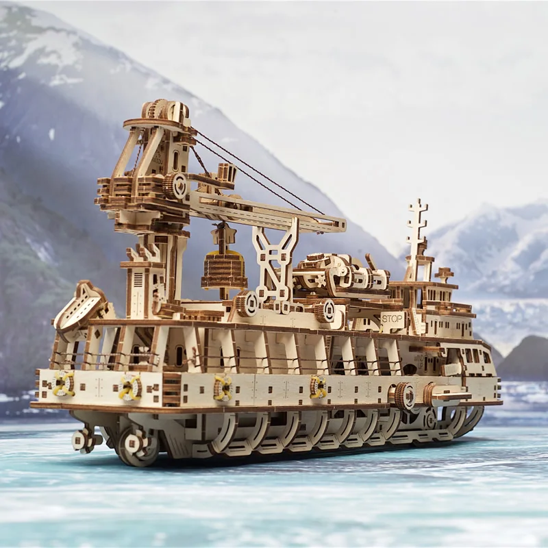 

DIY Ship Model Kit Scientific Research Ship Wooden Mechanical Transmission Assembled Model Ship Ornaments Toy Handmade Boy Gift