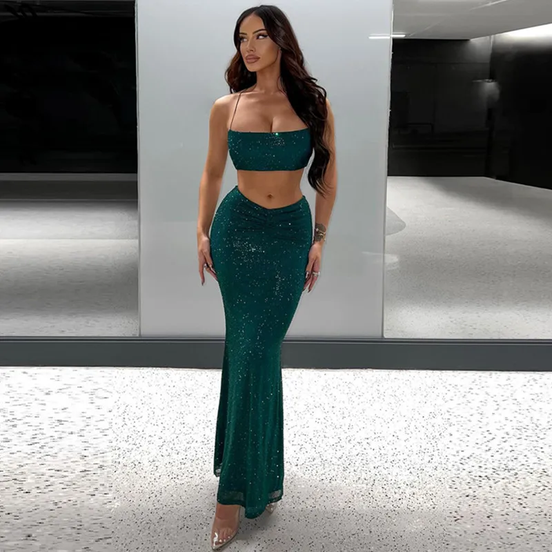 

Ggbaofan Elegant Halter Sexy Backless Shiny Glitter Dress Sets Ruched 2 Piece Sets Bandage Bodycon Club Party Co-ords Sets