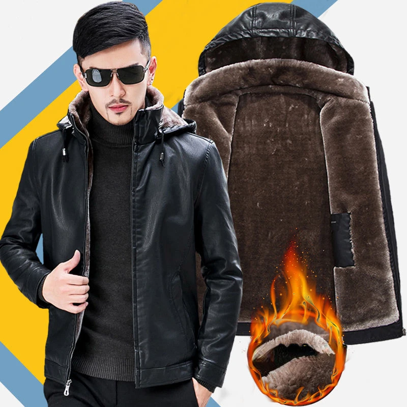 

Winter Men's Motorcycle Fleece PU Jacket Men Mid-length Leather Casual Biker Leather Coats Hat Detachable Zipper Outwear E393
