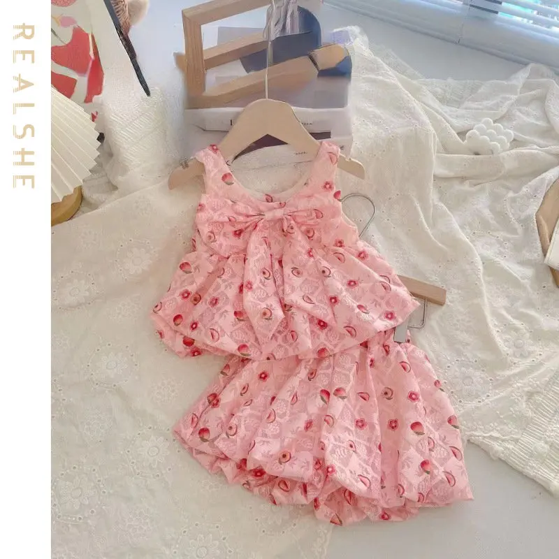 

2023 Summer New Baby Girl Clothes Floral Print Sleeveless Bow Top + Shorts 2 Pcs Outfits Fashion Sweet Sets For Children