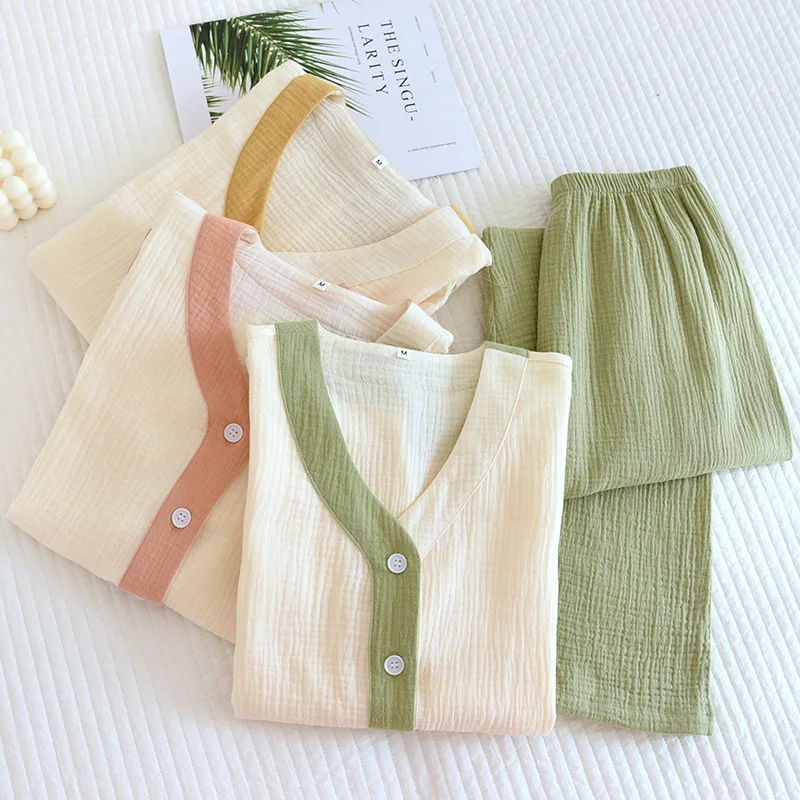 

Женская Хлопковая пижама с V-образным вырезом и длинным рукавом