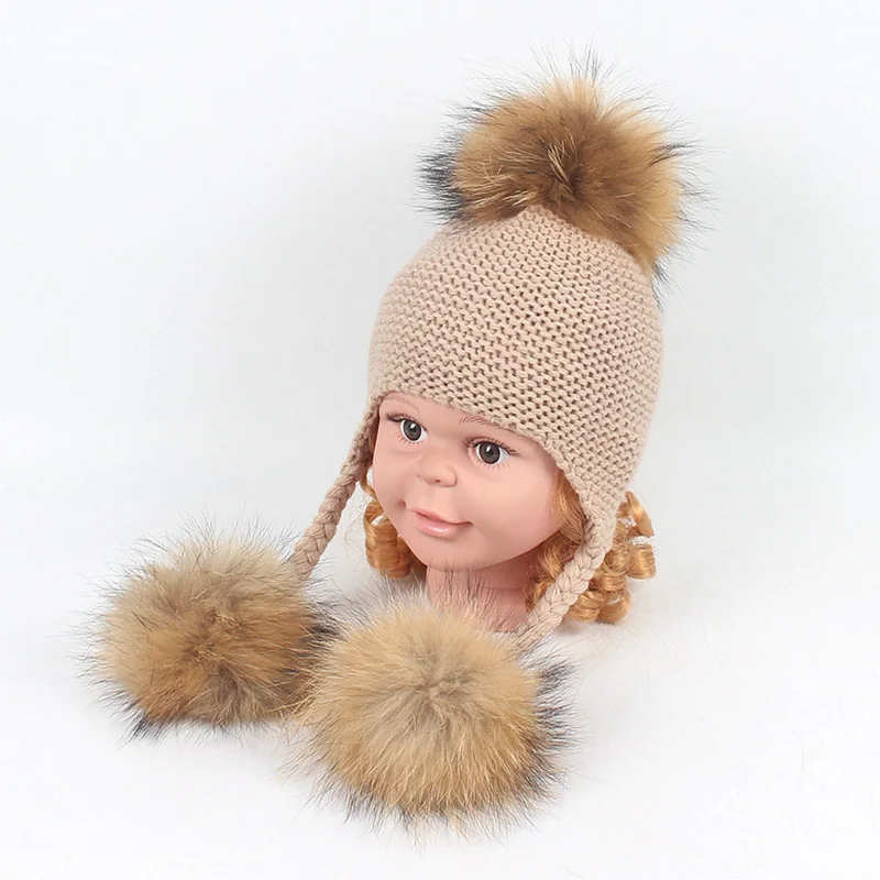 

Winter Kids Hat Real Raccoon Fur Pompom Hat Children Wool Knitted Girls Boys Cap Baby Earflap Skullies Beanies Baby Beanie Hat