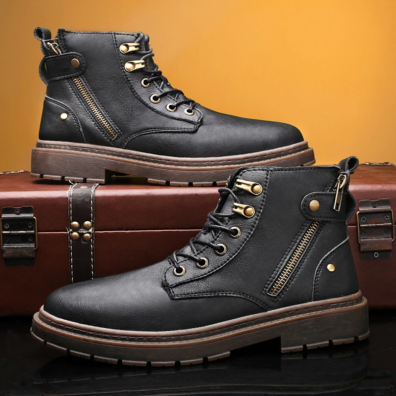 

2022 Men's Winter Boots Snow Casual Black Leather Shoes Male Nice High Top Plush Warm Autumn Comfortable Military Boots For Men