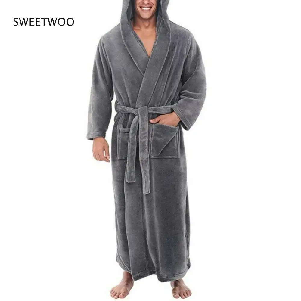 Men Soft Coral Fleece Solid Color Pockets Long Bath Robe Home Gown Sleepwear Towel Robe Winter Pajamas 2022