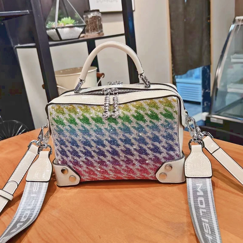 

Women Fashion Messenger Bag Houndstooth Tote Bag Ita Shoulder Lady Casual Shiny Office Zippy Portable Handbag