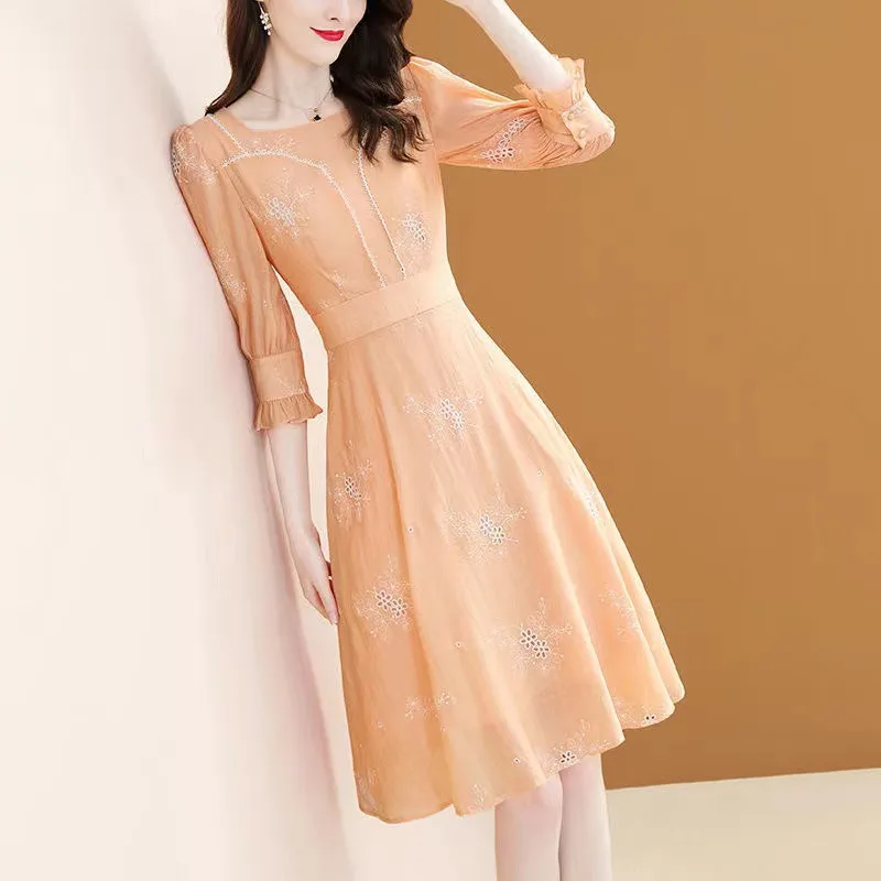

COIGARSAM Long Dress Women Summer 2022 New French Style Fashion Embroidery Square Collar Orange Dresses Dropshipping