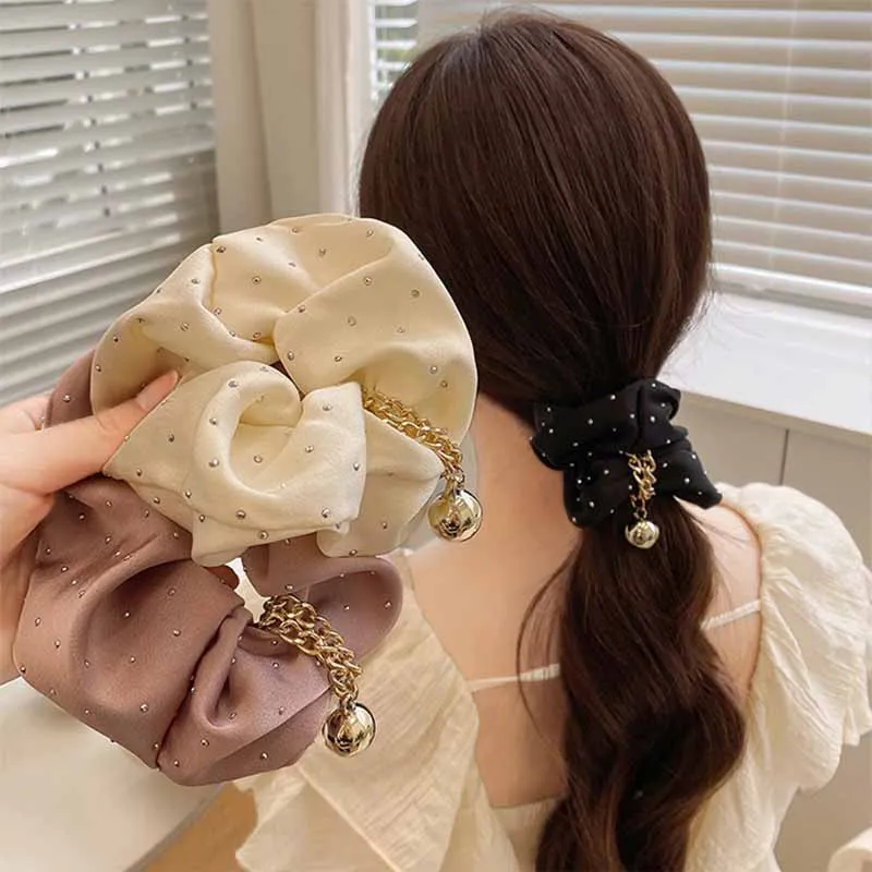 

Women Chain Ball Pendant Solid Scrunchies Large Elastic Hairbands Ponytail Hold Hair Tie Bands Rubber Fashion Hair Accessories
