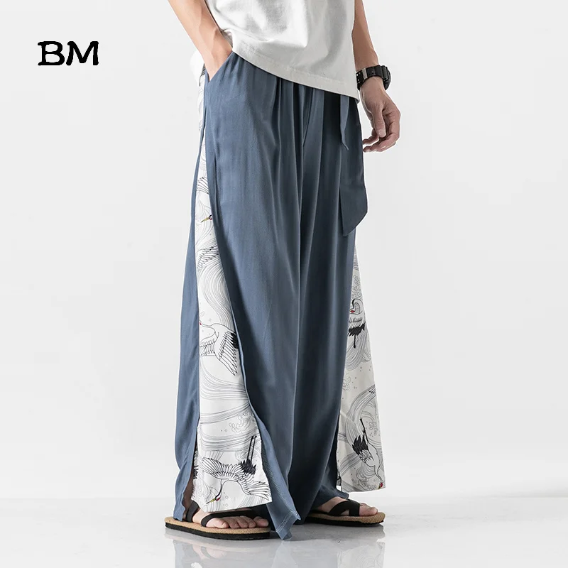 

Splicing Fairy Crane Hanfu Men Falling Feet Culottes Chinese Style Wide Leg Pants Spring Summer Linen Loose Plus Size Trousers