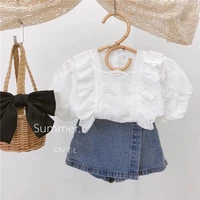 girls short sleeve suit summer new girl baby sweet lace hollow shirt shorts two piece childrens clothes set