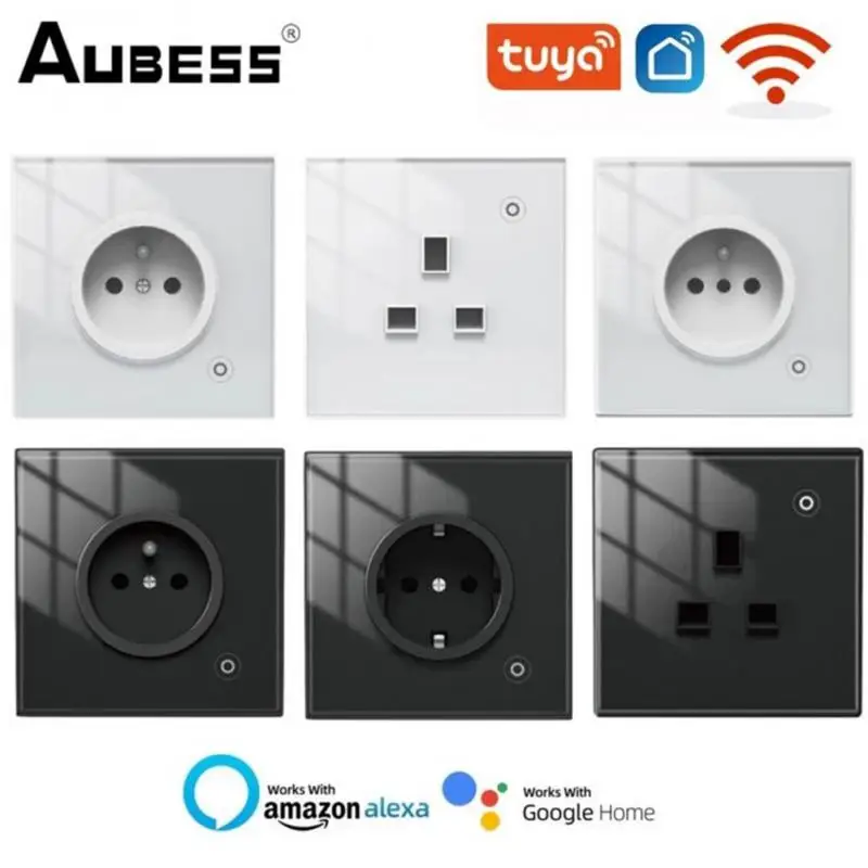 

Aubess Tuya WiFi Smart Wall Socket Glass Panel Outlet Power Monitor Smart Life APP Wireless Remote Control For Alexa Google Home