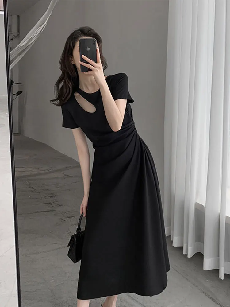 

Elegant Dresses for Women Slim Hollow Out Summer Midi Dress French Folds Party Robes Femme Vestido Solid Chic Sundress Female