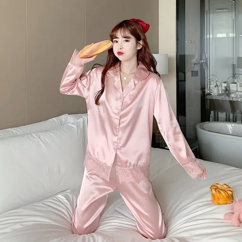 Silk Pajamas for Women Solid Lace Sleepwear Women Spring Autumn set woman 2 pieces Satin Ladies Pijamas Loungewear