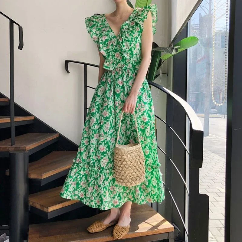 

Korean Chic Summer Flower Dress 2022 New V-neck Ruffled Contrast Color Back Tie Hollow Fly-sleeve Fairy Dress Sweet Green Dress