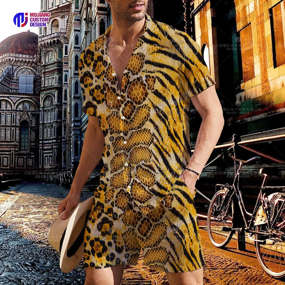 2023 Summer Men's Leopard Print Colorful 3D Lapel Shirt Button Short Sleeve + Shorts Set Men's Sports Hip Hop Set 2 Pieces