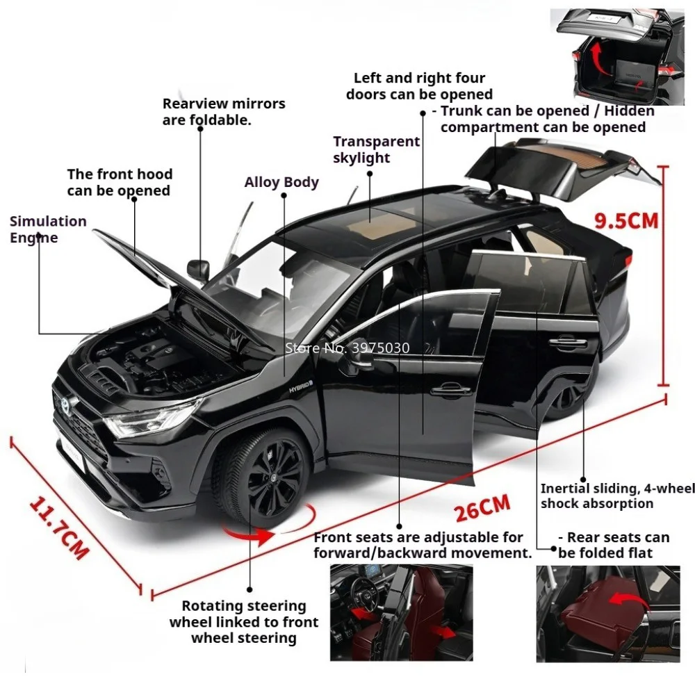 Фото Масштабная модель автомобиля Toyota RAV4 1:18 из литого сплава, с рулевым управлением передними колесами, полноприводной подвеской и резиновыми шинами, игрушка-машинка для взрослых, подарок №2