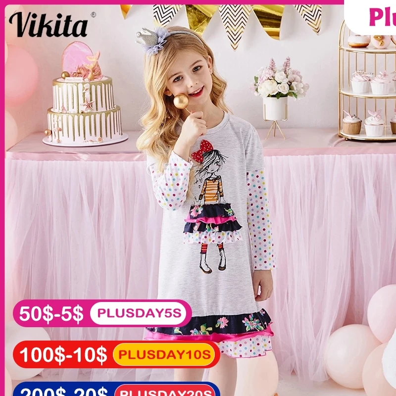 VIKITA Girls Dress Autumn Spring Girl Princess Casual Dresses Children Cotton Dress for Girls Long Sleeve Children Clothes