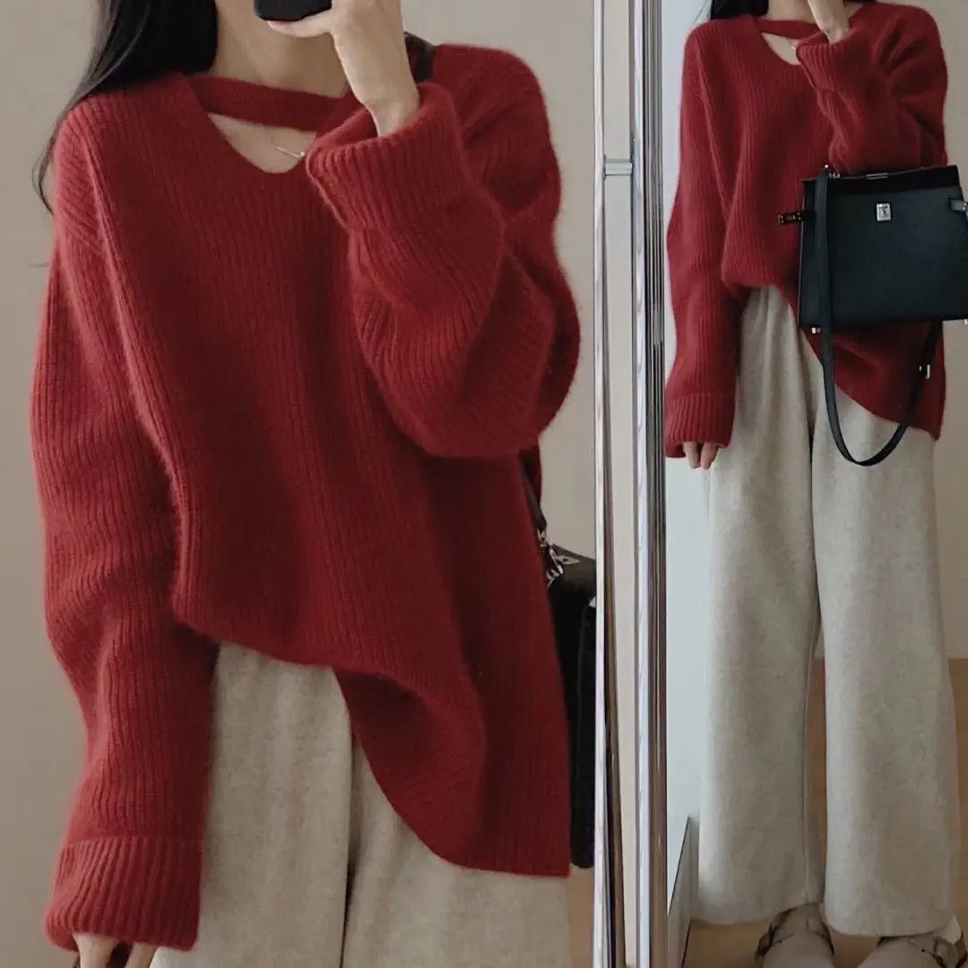 

Sweaters for Women 2023 New Autumn Winter Asymmetrical Long Sleeve V Neck Patchwork Women Pullover Knitting Streetwear T634