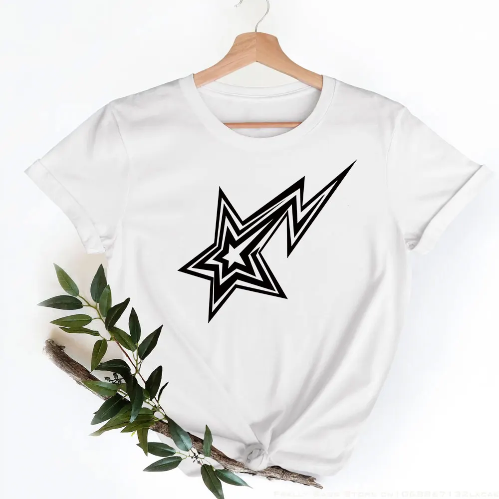 

2023 модная футболка с принтом молнии и звезд, женские повседневные топы с коротким рукавом, мужская одежда с круглым вырезом, женская одежда в стиле Харадзюку