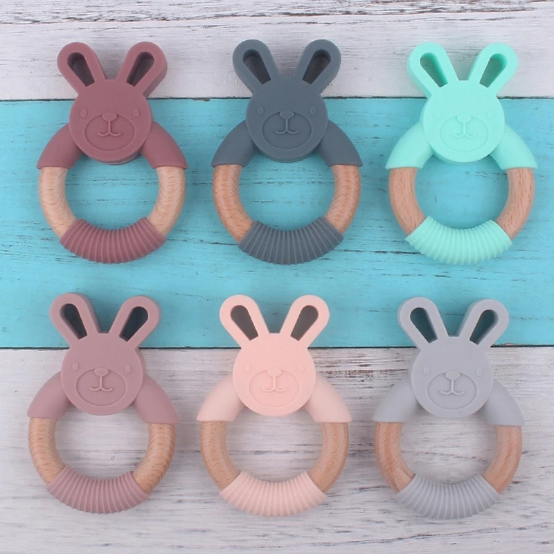 

Infant Handhold Wooden Teether Ring Chewing Toy Rattle Educational Baby Rabbit Teethers Crib Toy Newborn 3M+ Favor Toys