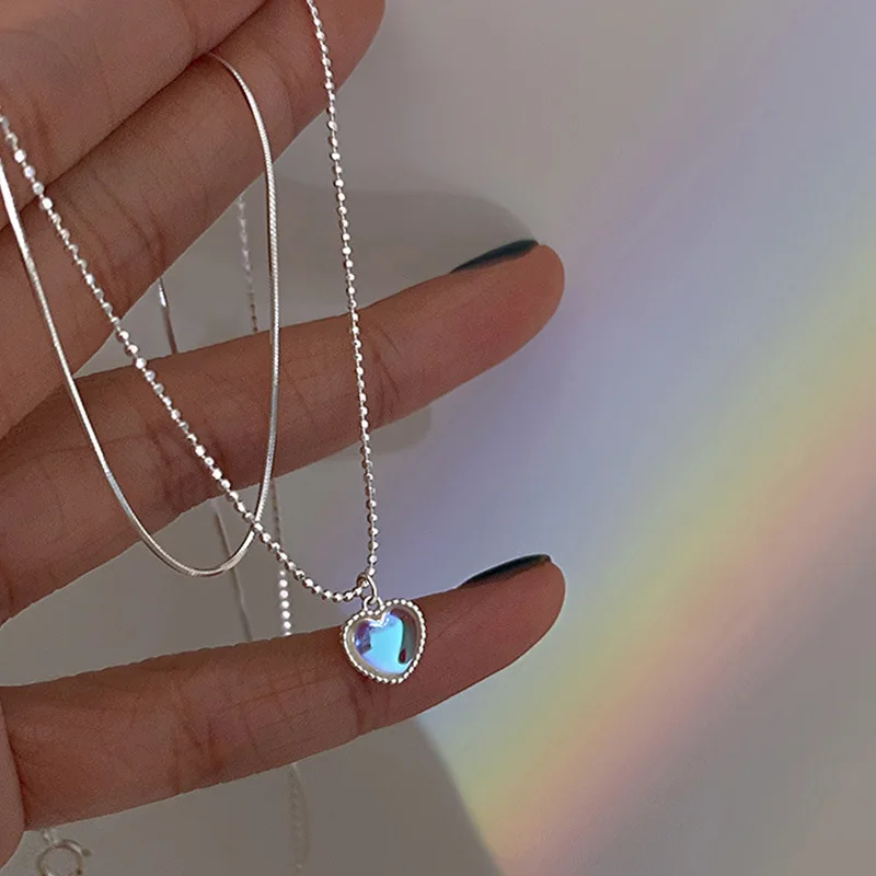 

Blue 925 Sterling Silver Tassel Moonstone Heart Pendent Necklace For Women Clavicle Chain Wedding Party Jewelry Choker Collar