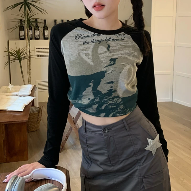 

Осенняя футболка Vintaege, женские облегающие Лоскутные кроп-топы Y2k, футболки с принтом, американская Ретро футболка молочная, топы, наряды