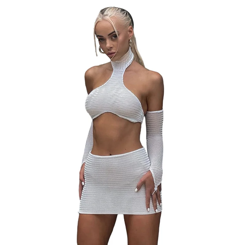 

Knitted Two Piece Dress Sets Women 2022 Summer Halter Crop Tops + Mini Skirts 2pcs Sexy Knit Suits Backless Knitting Skirt Set