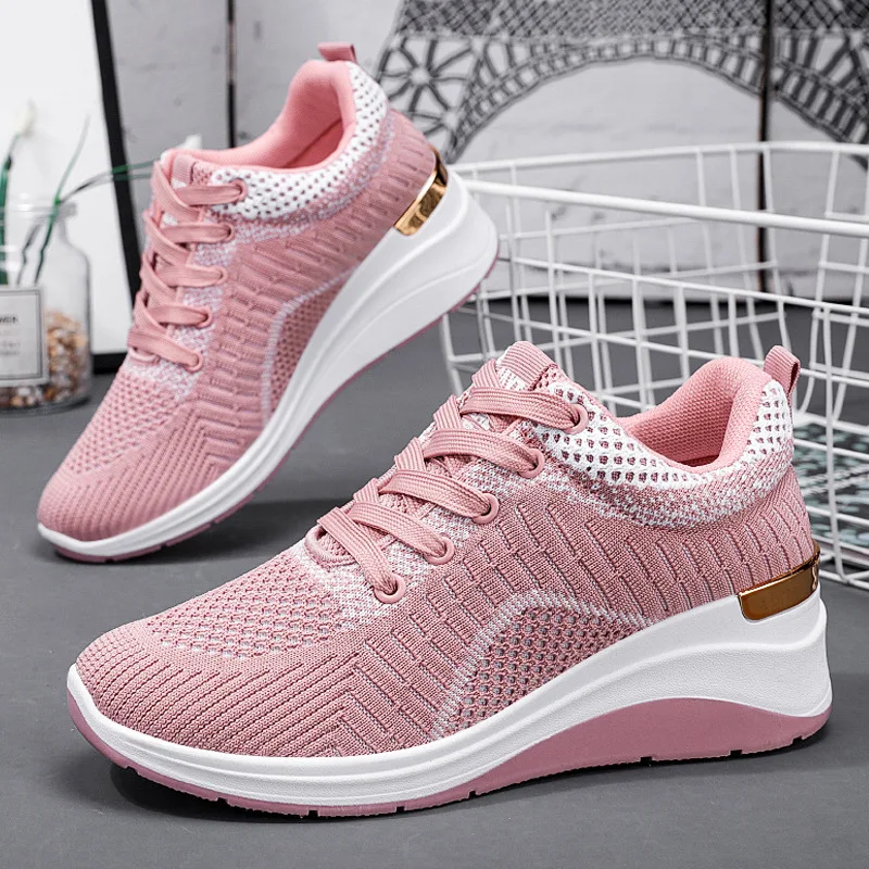 Fashion Stretch Fabric Breathable Platform Sneakers Women Shoes 2022 New Thick-soled Lightweight Lace-up Plus Size Ladies Shoes