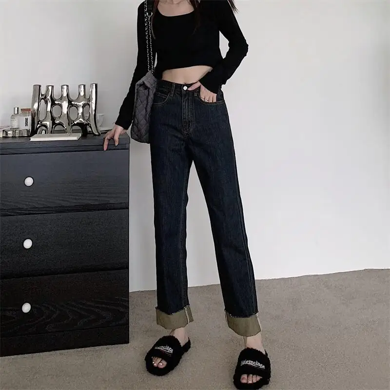 

DD1130 новые тонкие темные свободные широкие джинсы с высокой талией