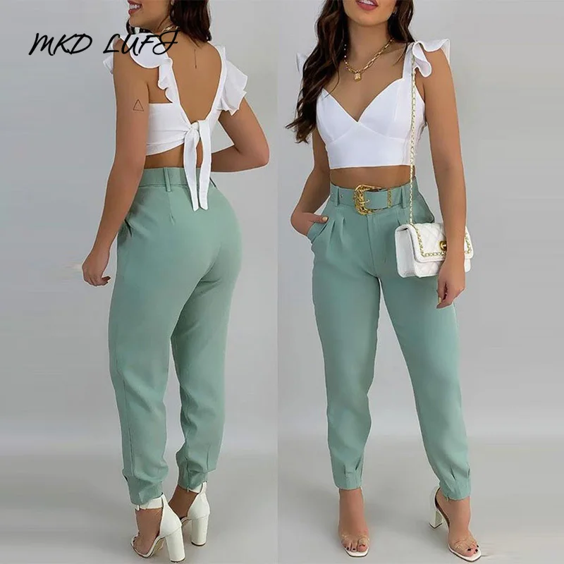 

MKDLUFI Solid Ruffles Backless Knotted Crop Tops & Pocket Design Belted Pants Set Casual Women Two Piece Set Outfits