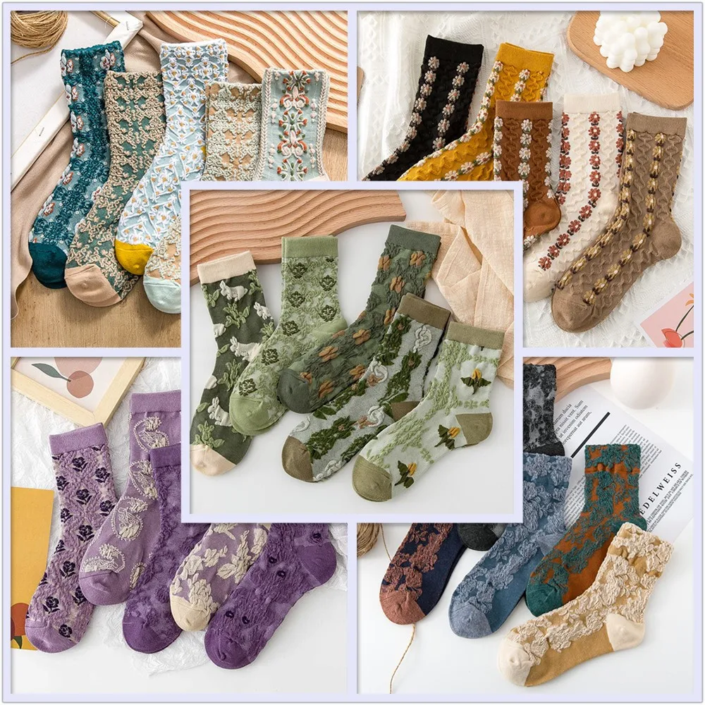 

25 Patterns Cotton Floral Women Green Spring Autumn Fashion Harajuku Retro Vintage Streetwear Long Socks Female Japanese Cute