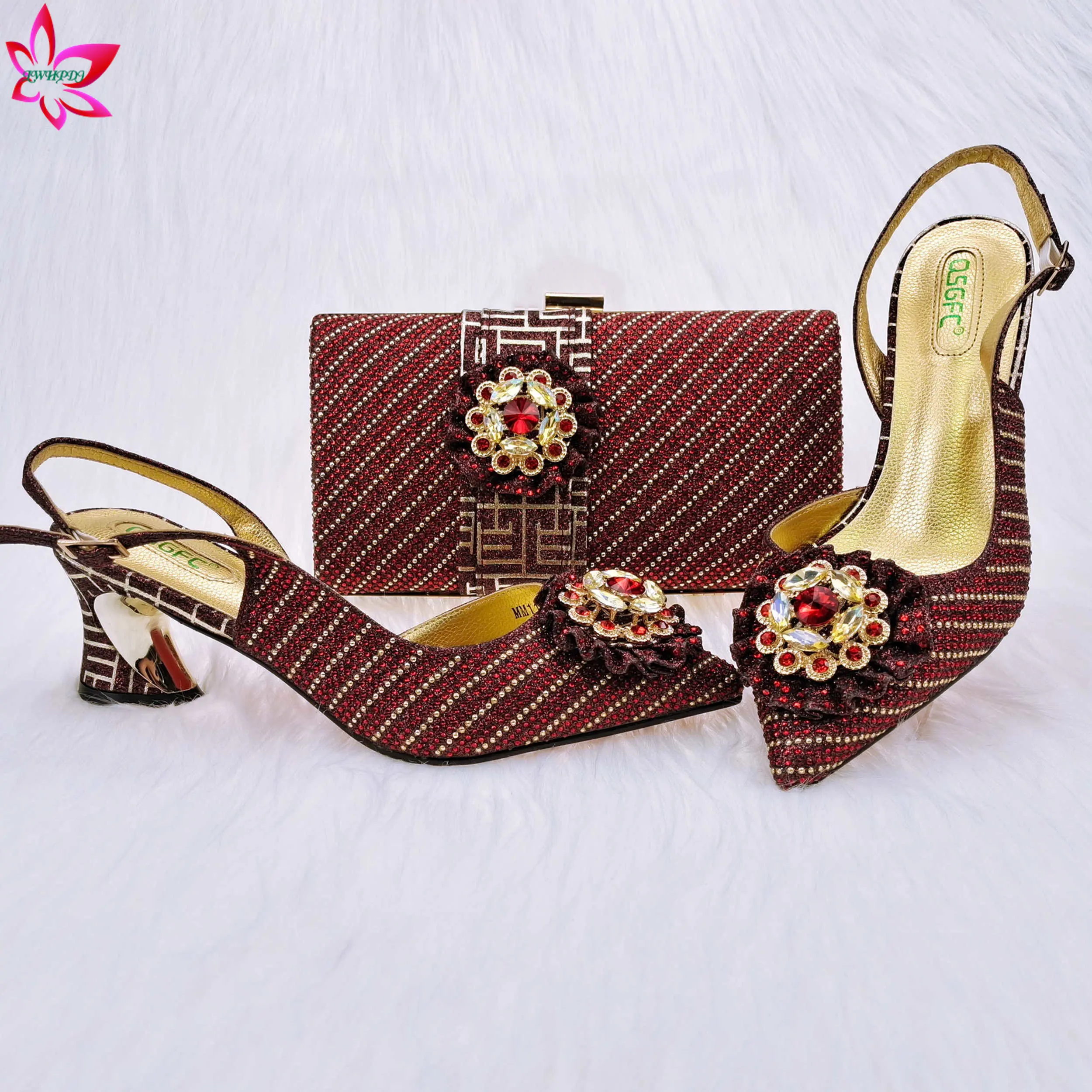 

2023 New Design Special African Shoes and Bag Set in Wine Color Decorate with Rhinestong for Garden Party