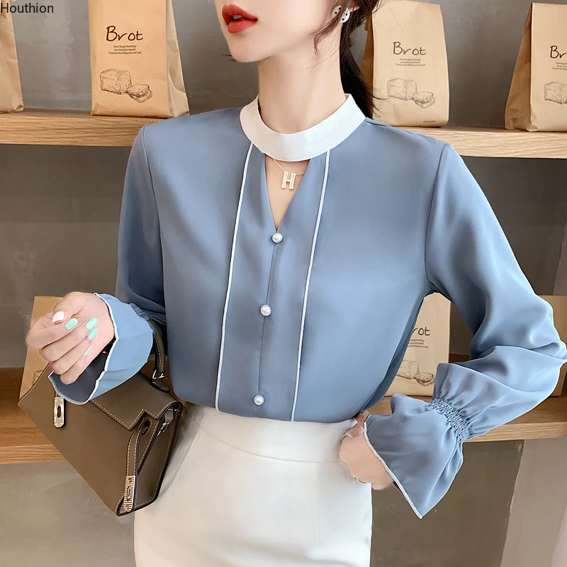 

Korean Fashion Women's Blouses New Flared Long Sleeve Top Chiffon Temperament Beaded Shirt