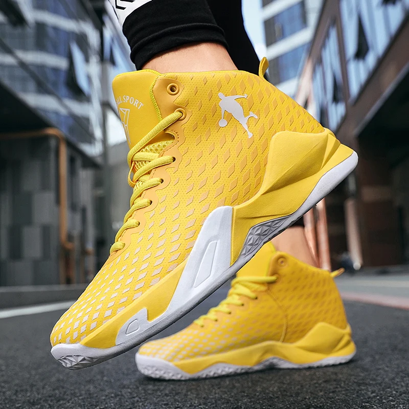 High-top Mesh Yellow Unisex Basketball Shoes Outdoor Anti-slip Men Sports Shoes Anti-shock Breathable Women Basketball Sneakers