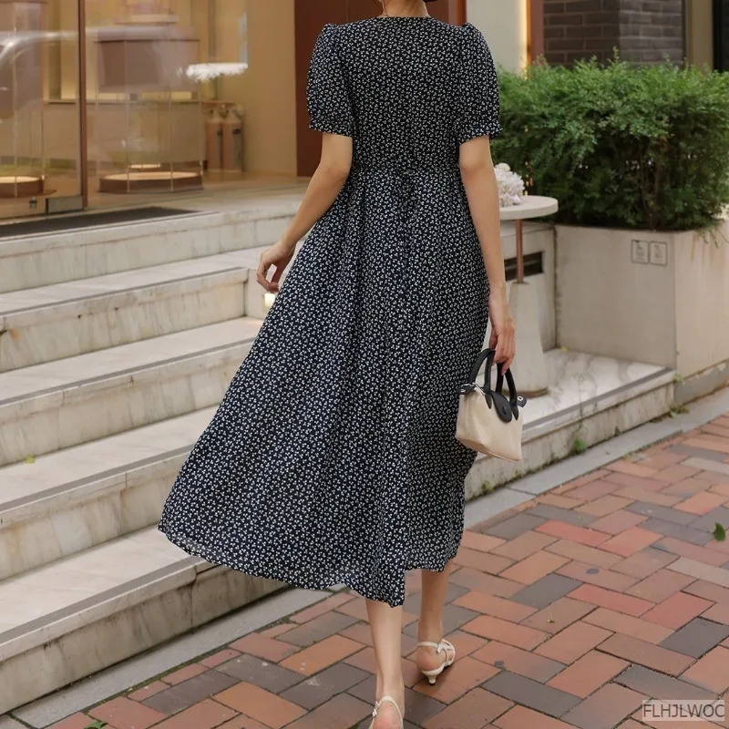 Женское длинное платье с цветочным принтом элегантное черное шикарное корейское