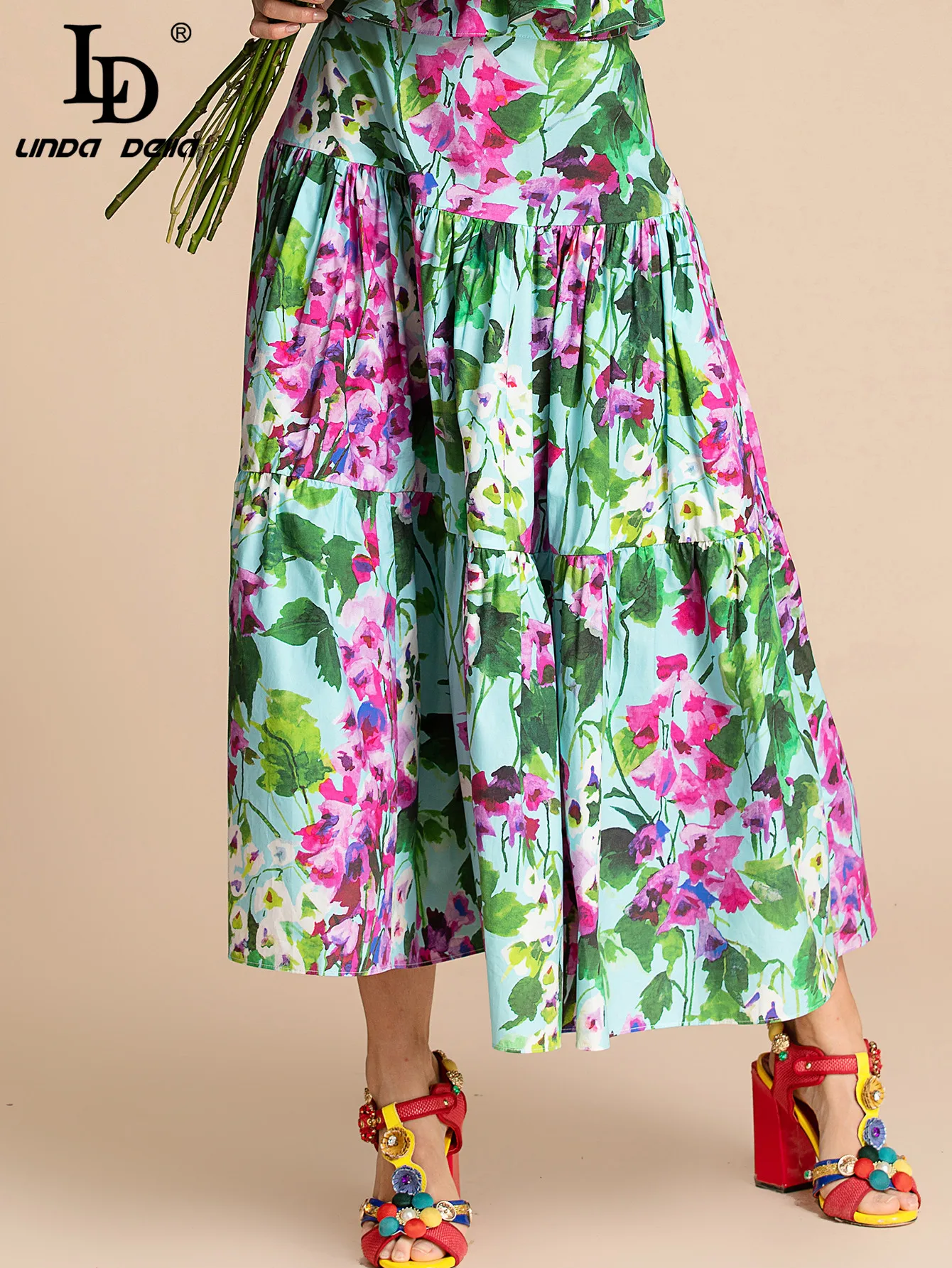 LD LINDA DELLA 2023 Bohemian Women's Vacation Cotton Skirt High Waist Flower Printed Elegant Summer Midi Skirts