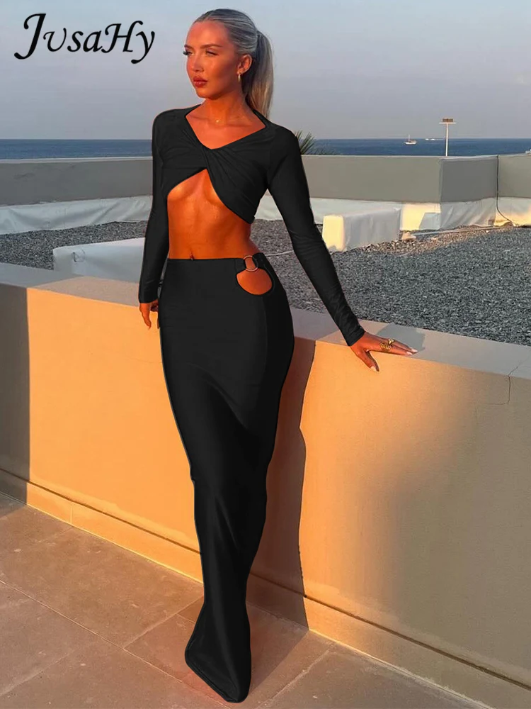 Осенний пикантный костюм Jusahy до щиколотки с юбкой в стиле High Street K24S55243 однотонный