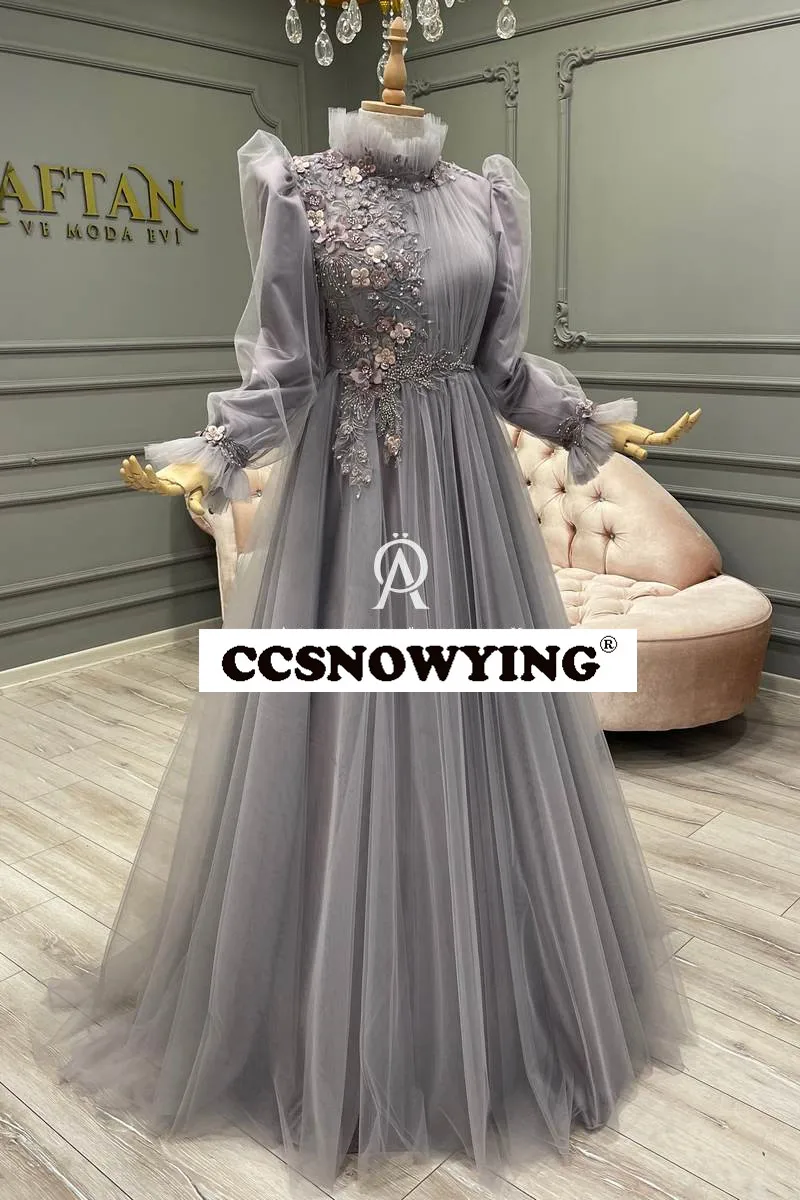 

Tulle Appliques Long Sleeve Muslim Evening Dresses A Line Islamic Formal Party Gown High Neck Hijab Arabic Kafan Robes De Soirée