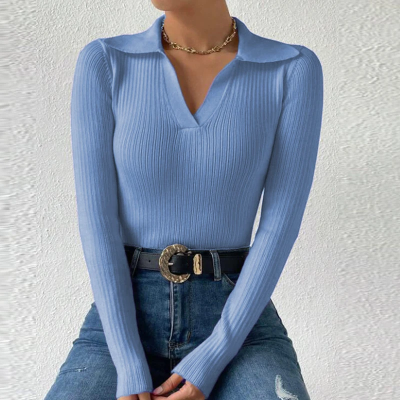 Женский трикотажный свитер с V-образным вырезом и длинным рукавом